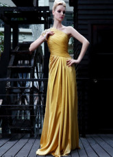 Vintage or une épaule perlée robe du soir Satin tissé de longueur de plancher plissé