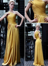 Vintage or une épaule perlée robe du soir Satin tissé de longueur de plancher plissé