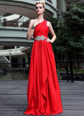 Red One Shoulder Empire Waist Beaded Pleated Woven Satin Evening Dress