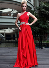 Taille de Empire une épaule rouge perlée robe du soir Satin tissé plissé