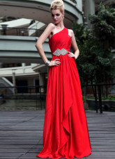 Taille de Empire une épaule rouge perlée robe du soir Satin tissé plissé