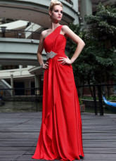 Taille de Empire une épaule rouge perlée robe du soir Satin tissé plissé