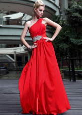 Taille de Empire une épaule rouge perlée robe du soir Satin tissé plissé