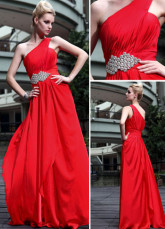 Taille de Empire une épaule rouge perlée robe du soir Satin tissé plissé