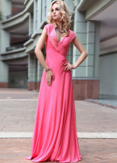 Rose profond col élastique tissé Satin perlé robe de soirée