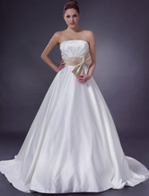 A-Line Strapless Waist Ribbon Chapel Train Satin Wedding Dress