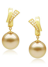 Or attrayant de 14 K or 9,5-10 mm autour de boucles d'oreilles en diamant naturel Southsea Pearl Womens