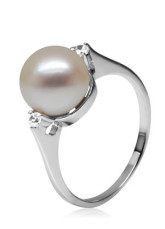Beautiful 18K White Gold 9-9.5 mm Button Shape Freshwater Pearl Natural Diamond Womens Ring