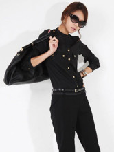 Confortable Stand Black col de chemise manches longues en coton