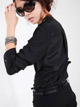 Confortable Stand Black col de chemise manches longues en coton