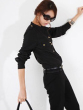 Confortable Stand Black col de chemise manches longues en coton