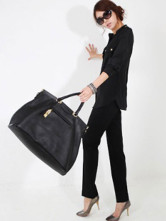 Confortable Stand Black col de chemise manches longues en coton