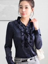 Elegant Navy Blue Ruffled V-Neck Long Sleeves Imitated Silk Shirt
