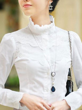 Elegant White Stand Collar Long Sleeves Satin Lace Shirt