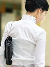 Blouse Chemise Lacet Satin Manches Longues Col Dressé Blanche Elégante 