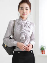 Gorgeous Gray Stand Collar Ruffles Long Sleeves Imitated Silk Shirt