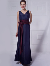 Sheath V-Neck Floor-Length Royal Blue Taffeta Sash Evening Dress 