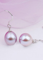 Grande Purple Argent 925 Drop 8-9 mm d'eau douce de l'eau perle Boucles d'oreilles Femme