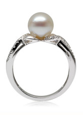 Great White 18K White Gold 8-8.5 mm Round Freshwater Pearl Natural Diamond Womens Ring