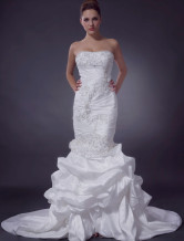 Princess White Strapless Mermaid Trumpet Sweep Ruched Taffeta Wedding Dress