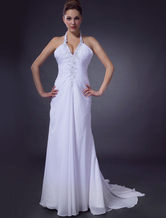 White Sheath V-Neck Halter Satin Chiffon Wedding Dress