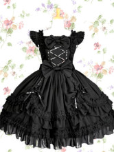 Black Bows Ruffle Lace Cotton Gothic Lolita Dress