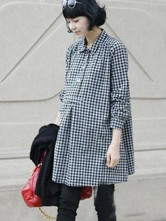 100% Cotton White And Black Plaid Long Sleeves Maternity Shirt