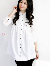 Beautiful White Turndown Collar 100% Cotton Long Sleeves Maternity Tee Shirt