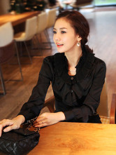Manches longues en mousseline de soie satin noir Top Pull Femmes