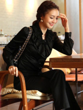 Manches longues en mousseline de soie satin noir Top Pull Femmes