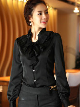 Manches longues en mousseline de soie satin noir Top Pull Femmes