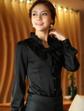 Manches longues en mousseline de soie satin noir Top Pull Femmes