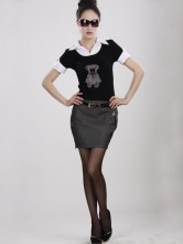 Black Cotton Turndown Spandex Col Manches courtes robe de Womens