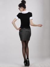 Black Cotton Turndown Spandex Col Manches courtes robe de Womens