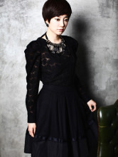Black manches en dentelle col rond Long pull Blouse Mode pour Femme