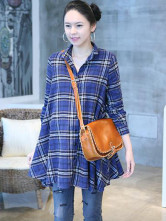 Blue Plaid 100% Cotton Long Sleeves Maternity Shirt