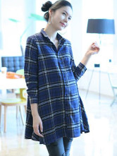 Blue Plaid 100% Cotton Long Sleeves Maternity Shirt