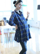 Blue Plaid 100% Cotton Long Sleeves Maternity Shirt