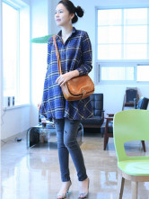 Blue Plaid 100% Cotton Long Sleeves Maternity Shirt