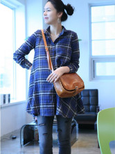 Blue Plaid 100% Cotton Long Sleeves Maternity Shirt