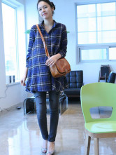 Blue Plaid 100% Cotton Long Sleeves Maternity Shirt
