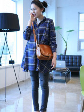 Blue Plaid 100% Cotton Long Sleeves Maternity Shirt