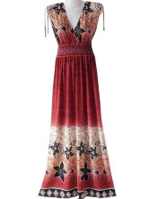 Robe Pour Femme Sans Manche Cou V Profond Polyester Coton Bourgogne Bohémienne 