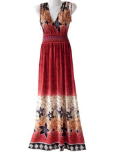 Robe Pour Femme Sans Manche Cou V Profond Polyester Coton Bourgogne Bohémienne 