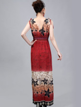 Robe Pour Femme Sans Manche Cou V Profond Polyester Coton Bourgogne Bohémienne 