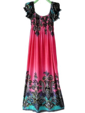 Robe Pour Femme Manches Courtes Cou Creux Polyester Coton Fuchsia Bohémienne 