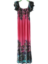 Robe Pour Femme Manches Courtes Cou Creux Polyester Coton Fuchsia Bohémienne 
