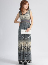 Bohemian Gray coton polyester à encolure en V sans manches Femme One Piece robe