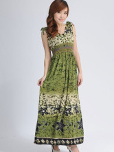 Robe Pour Femme Sans Manche Cou V Profond Polyester Coton Verte Olive Bohémienne 