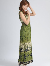 Robe Pour Femme Sans Manche Cou V Profond Polyester Coton Verte Olive Bohémienne 